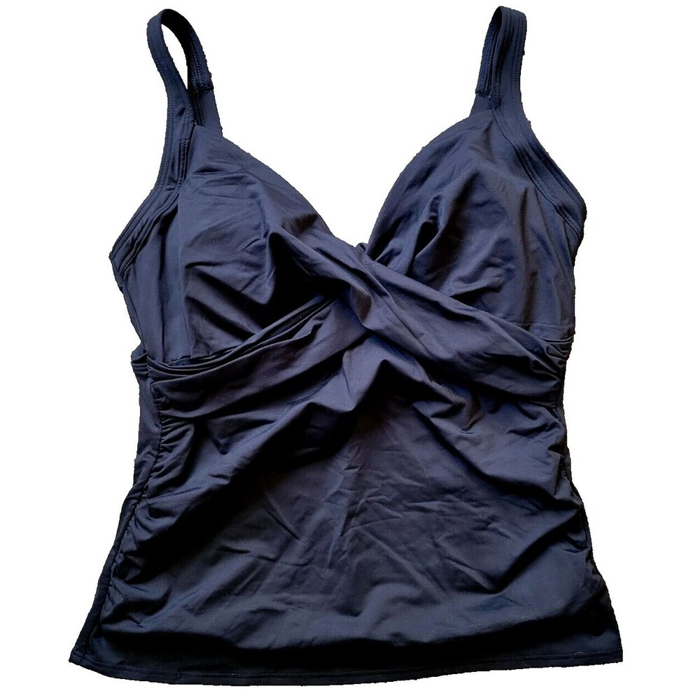Lands' End Swim Top Black 14 DD Wrap Front Tankini L Solid Lined Underwire S619